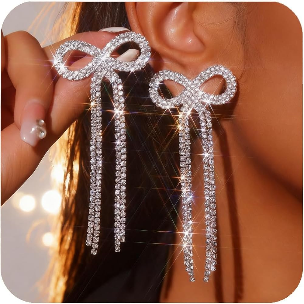 Bow Earrings for Women Rhinestone Long Tassel Earrings Ribbon Bow Drop Earring Silver Stainless S... | Amazon (US)