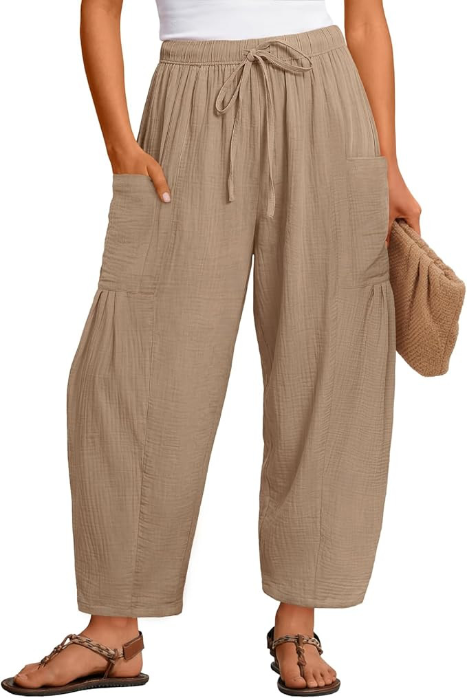 MEROKEETY Women's Linen Wide Leg Pants Summer 2026 Casual Loose Beach Vacation Baggy Palazzo Barr... | Amazon (US)