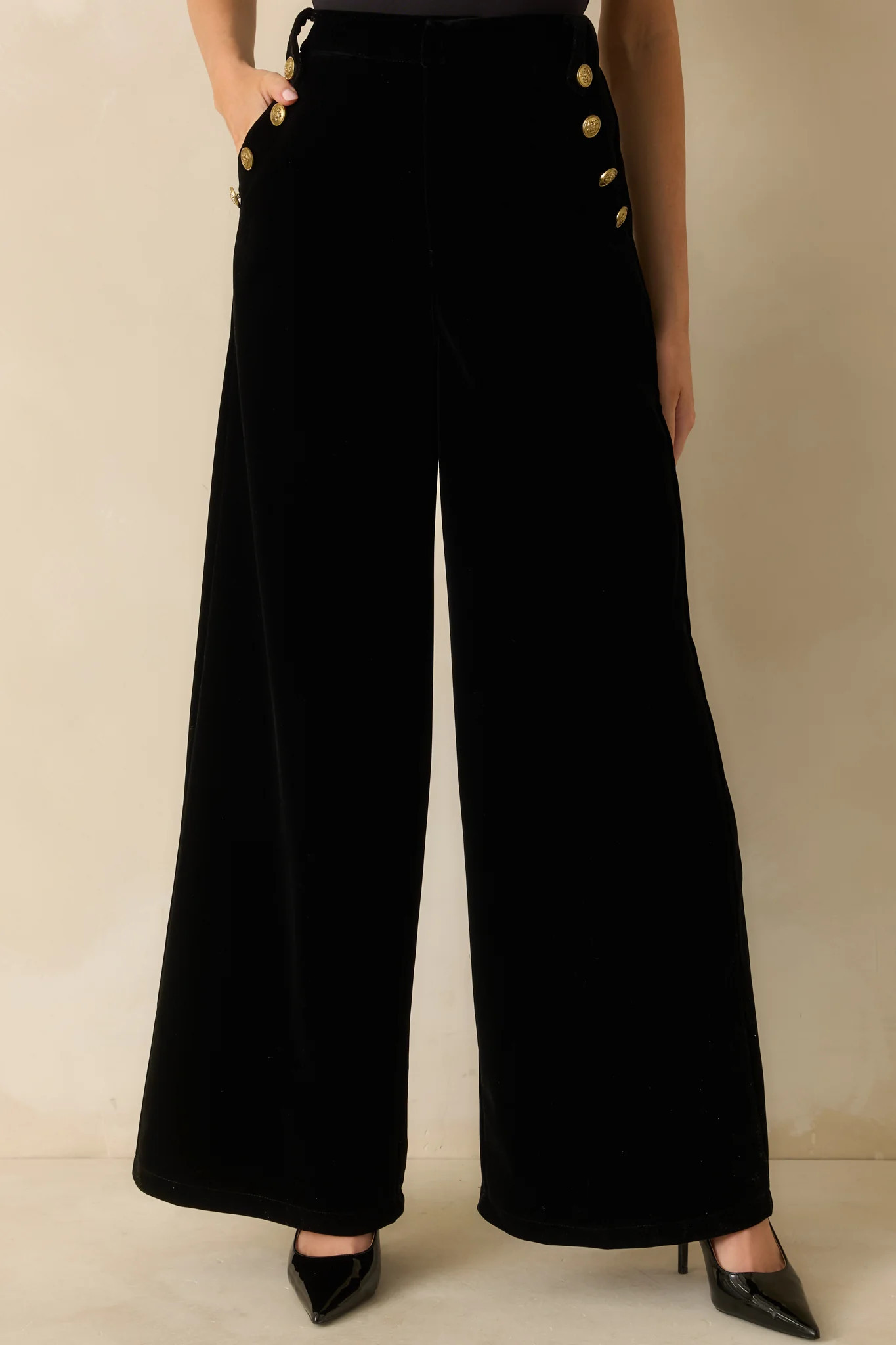 The Sleek Standard Black Velvet Button Accent Wide Leg Pants | Red Dress
