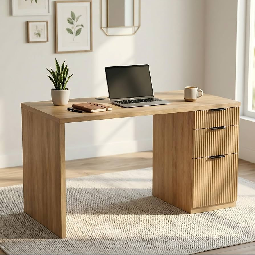 FURSUN 58" Home Office Desk with Power Outlet & File Cabinet, Modern Fluted Executive Desk with 3... | Amazon (US)