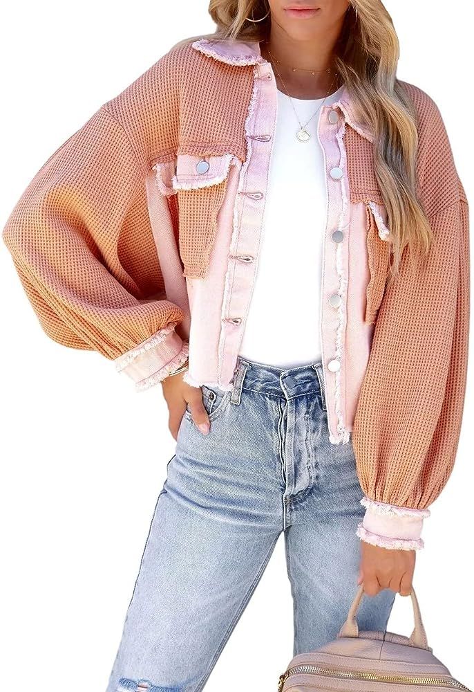 chouyatou Women's Cropped Waffle Knit Jacket Boyfriend Button Down Shirt Shacket Tops | Amazon (US)