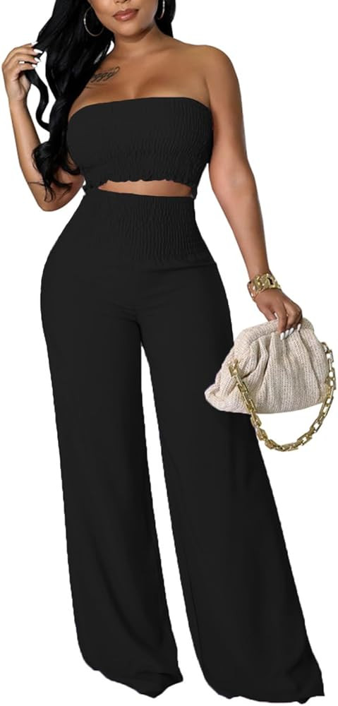 Womens Summer Outfits Crop Tops and Pants Sets Sexy Vacation Jumpsuits 2 Piece Sets with Pockets | Amazon (US)
