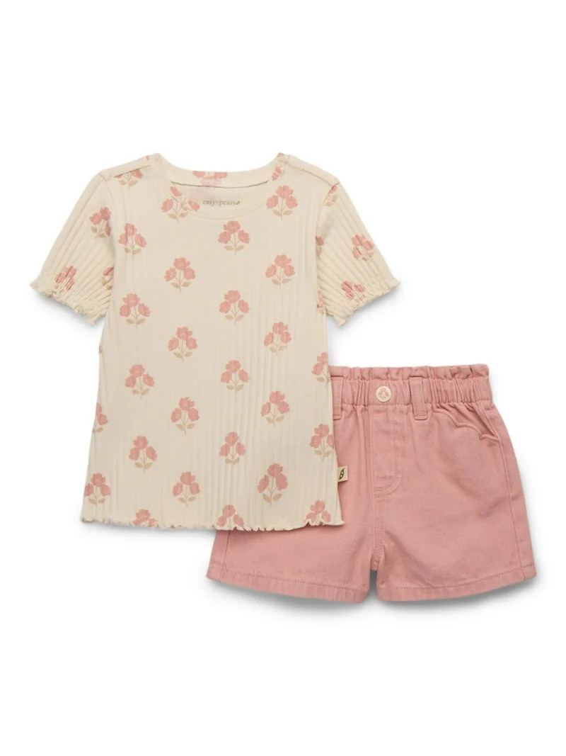easy-peasy Toddler Girl Rib Lettuce HemTop & Denim Short Outfit Set, 2-Piece, Sizes 18M-5T | Walmart (US)