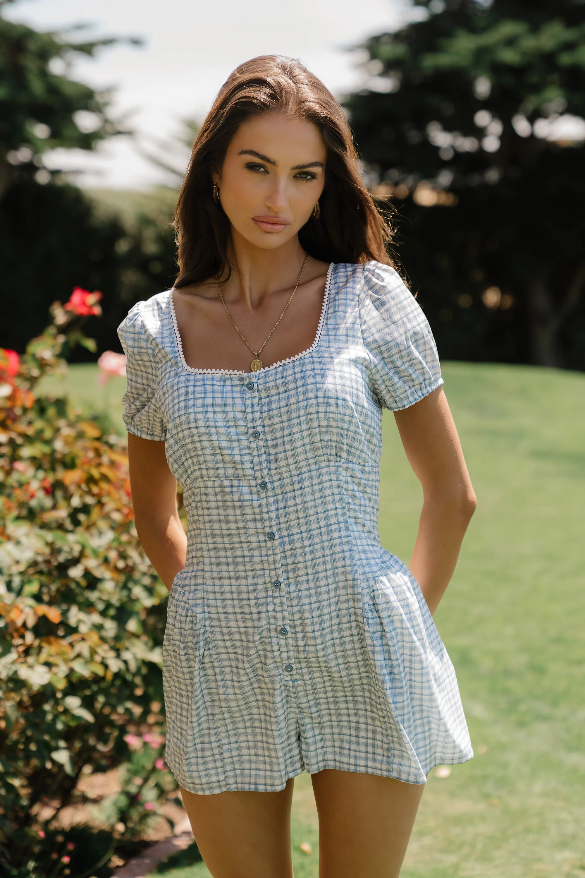 Aislynn Gingham Romper in Blue | Böhme US