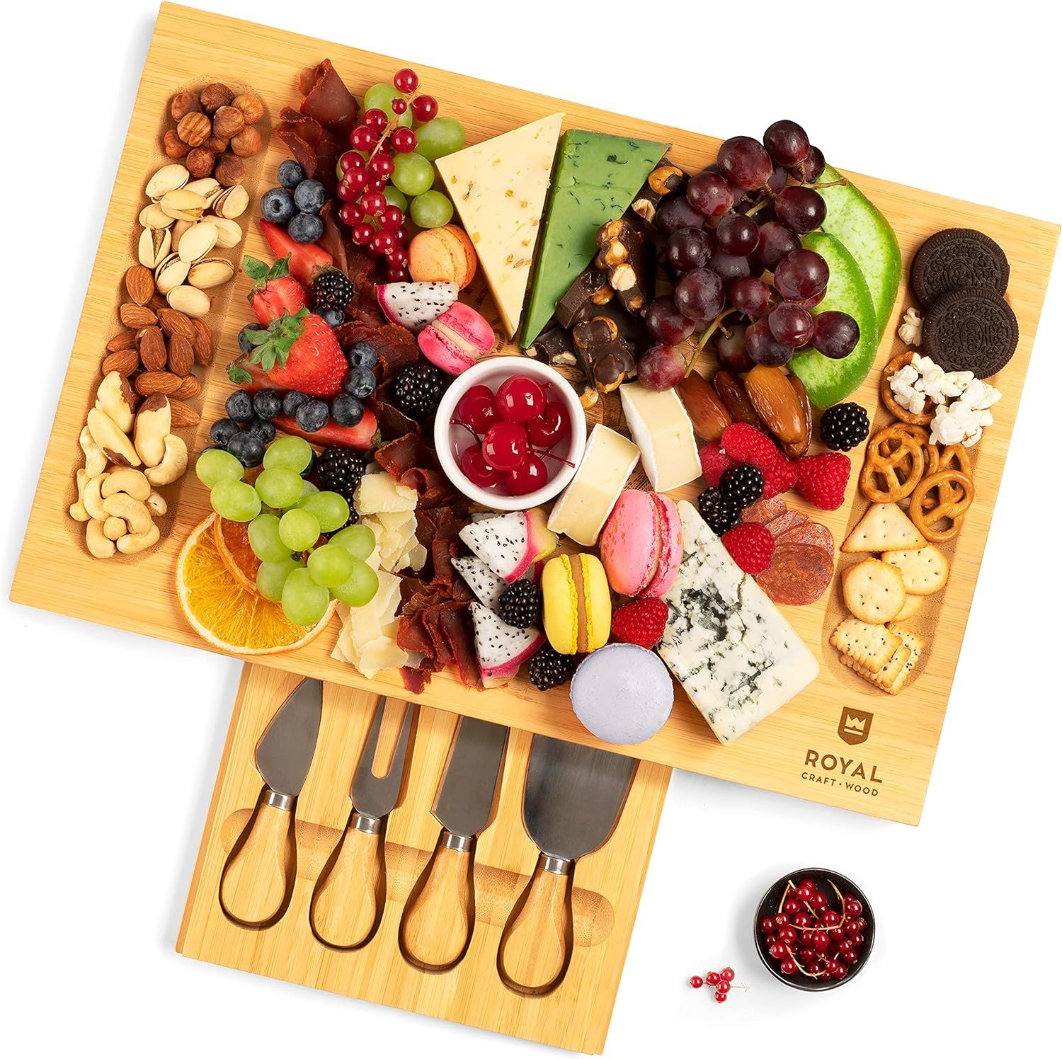 Unique Bamboo Cheese Board, Charcuterie Platter & Serving Tray Including 4 Stainless Steel Knife ... | Amazon (US)
