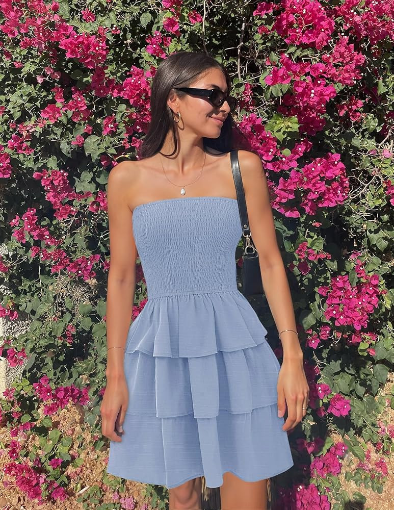 ZESICA Women's Summer Strapless Smocked Tube Dress 2025 Off Shoulder Ruffle Tiered Flowy Beach Bo... | Amazon (US)