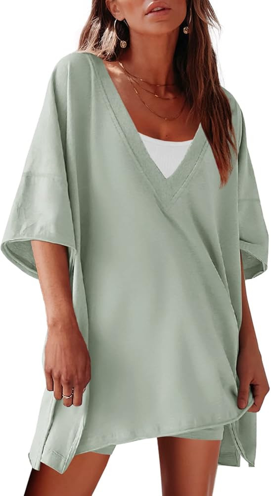 SENSERISE Womens Workout Set 2 Piece Outfits Short Sleeve V Neck T Shirts Biker Shorts Yoga Rever... | Amazon (US)