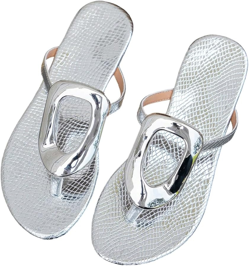OYOANGLE Women's Metal Decor Flip Flop Thong Sandals Comfortable Slip on Flat Sandals | Amazon (US)