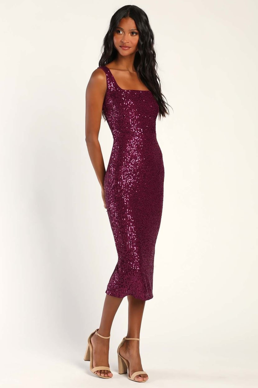 Burgundy Sequin Bodycon Midi Dress Formal Wedding Guest Dress For Wedding | Lulus (US)