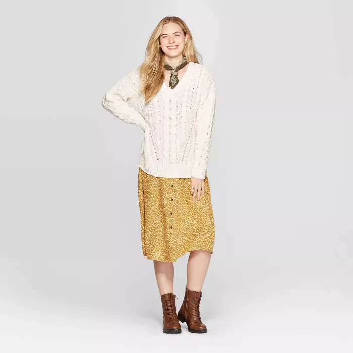 Women's Long Sleeve Ribbed Cuff V-Neck Cable Chenille Pullover Sweater - Universal Thread™ | Target