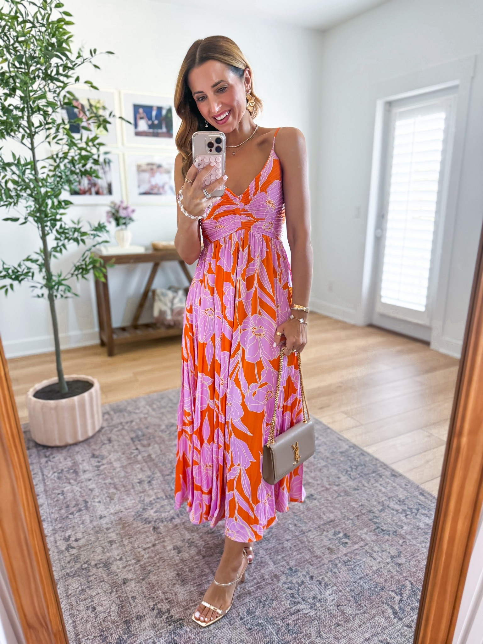 Spring wedding guest dress in XS. I love this style!! YSL clutch - this color goes with everything. Gold heels are TTS. Cocktail dress. Party dress. Summer wedding guest. Date night dress. Dinner dress. Vacation dress. 

#LTKTravel #LTKWedding #LTKootd