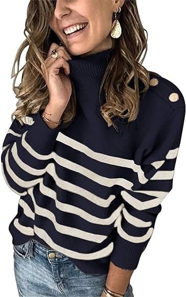 KIRUNDO 2021 Winter Women’s Long Sleeves Knit Sweater Turtleneck Striped Print Loose Pullover Tops D | Amazon (US)