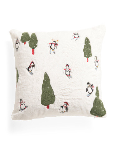 20x20 Faux Fur Skiing Penguins Pillow | TJ Maxx