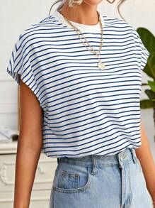 SHEIN Frenchy Women's French Style Contrast Color Collar Batwing Sleeve Blue & White Striped T-Sh... | SHEIN