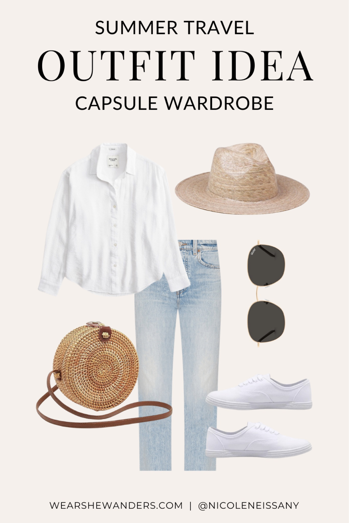 Summer travel capsule wardrobe outfit

// summer travel capsule outfit, vacation outfit, resort wear, travel outfit, summer outfit, spring outfit, beach outfit, pool outfit, resort outfit, casual outfit, gauzy cotton button up shirt, gauzy cotton button down shirt, cropped jeans, round sunglasses, straw fedora hat, round rattan bag, canvas sneakers, white sneakers, sneaker trends, Amazon fashion, Revolve, Abercrombie, Target, Quay, Wear She Wanders, wearshewanders.com, Nicole Neissany (4.11)

#LTKstyletip #LTKitbag #LTKtravel #LTKSeasonal #LTKshoecrush #LTKfindsunder50 #LTKfindsunder100 #LTKsalealert