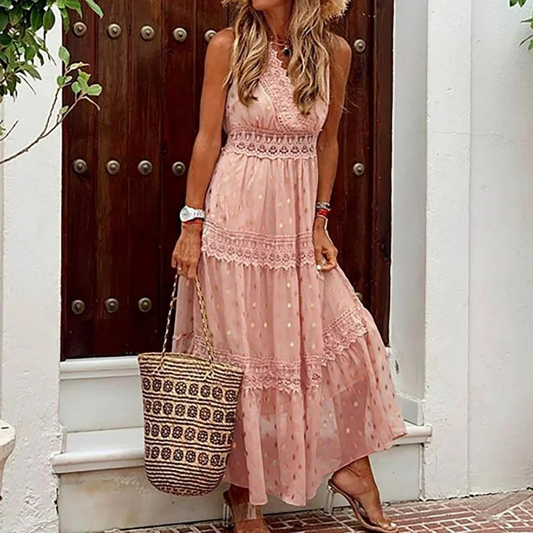 KONBECA Women's Maxi Dress, Wedding Guest Dress for Photoshoot, Lace Patchwork Vest Long Dress, S... | Walmart (US)