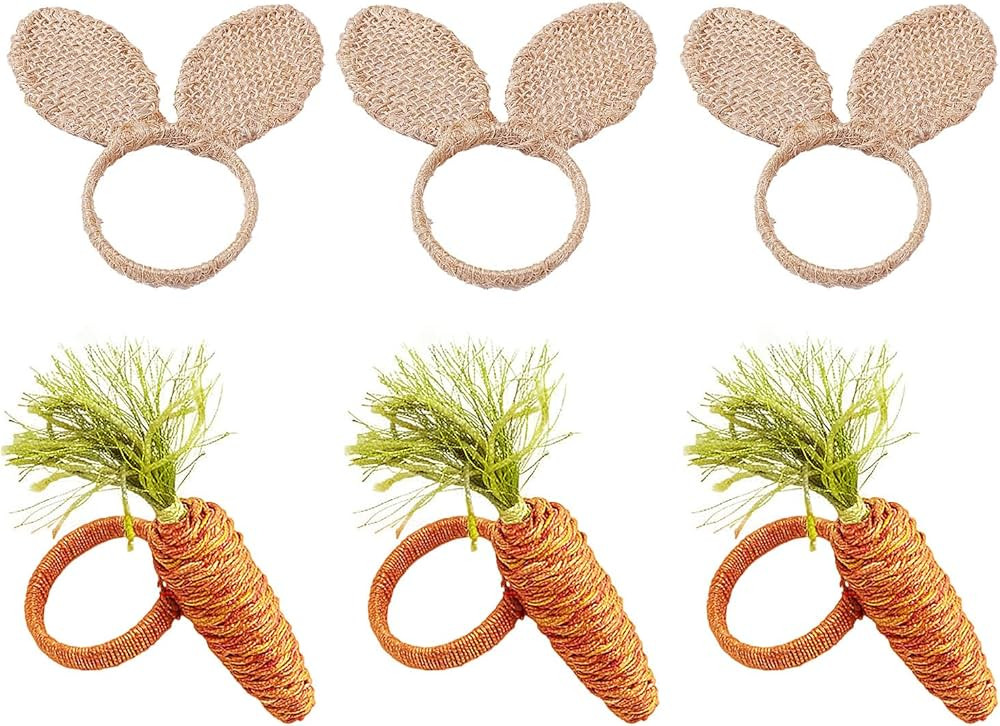 Easter Napkin Rings Set of 6, Burlap Bunny Carrot Napkin Holders Rings Rustic Rabbit Ear Napkin H... | Amazon (US)