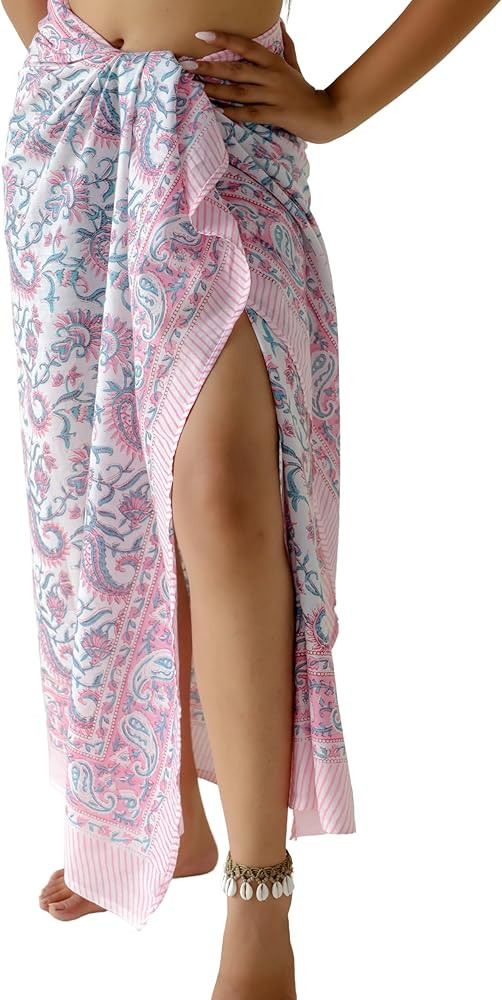 100% Cotton Sarong Coverup for Women Indian Hand Block Print Swimsuit Pareo Wrap Skirt Beach Biki... | Amazon (US)