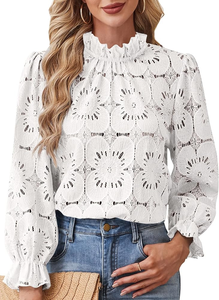 SOFIA'S CHOICE Women's Lace 3/4 Sleeve Shirts Crochet Eyelet Crew Neck Dressy Blouse Sheer Top | Amazon (US)