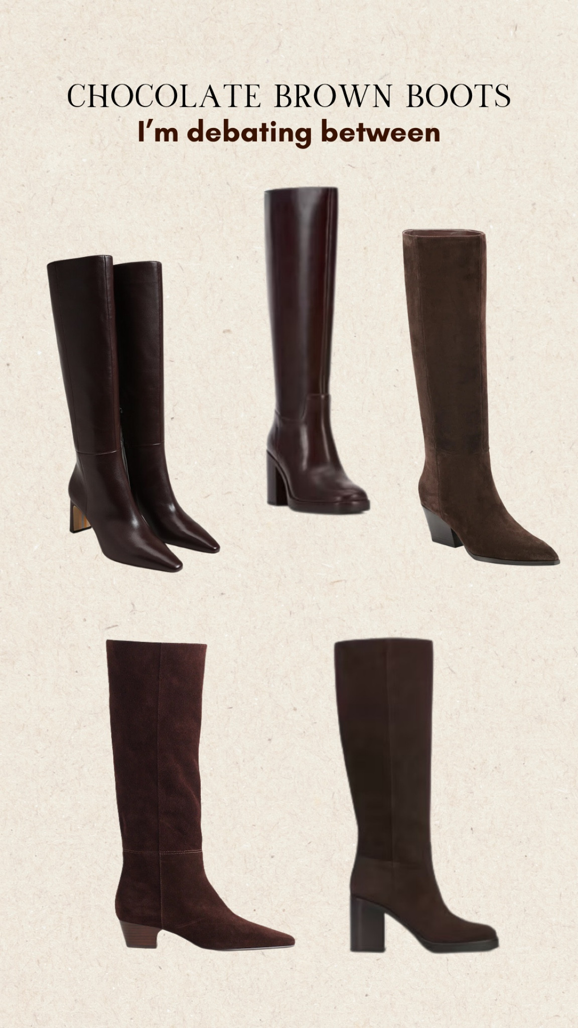 I can’t decide which chocolate brown boots I should buy. Here’s what I am debating between. 

#LTKSaleAlert #LTKPlusSize #LTKMidsize