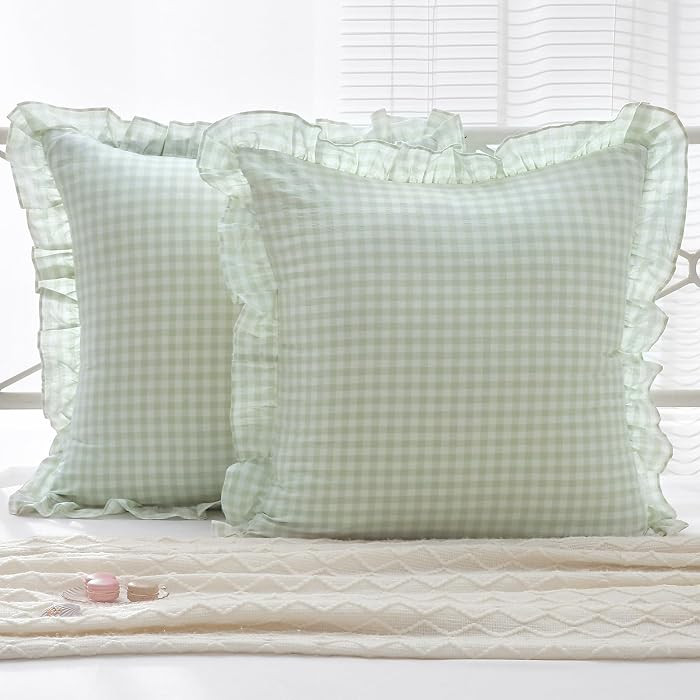 2 Pack Pile Green White Plaid Ruffle Gingham Euro Shams Pillow Covers, 100% Washed Cotton Checkered Farmhouse Pillowcases for Bed/Sofa Envelope Closure - 26''x26'' | Amazon (US)