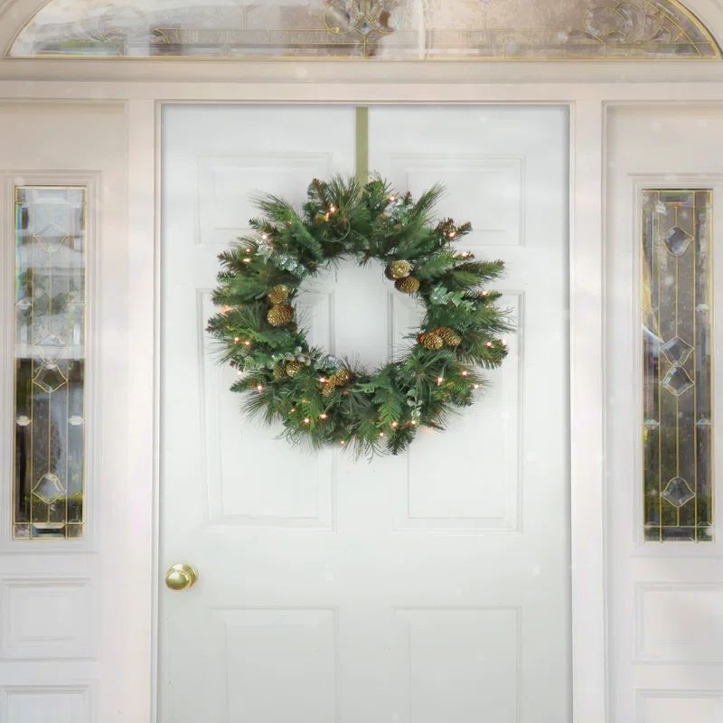 Pre-Lit North Conway Wreath with Glittery Cones + Eucalyptus, Warm White LED Lights | Wayfair North America