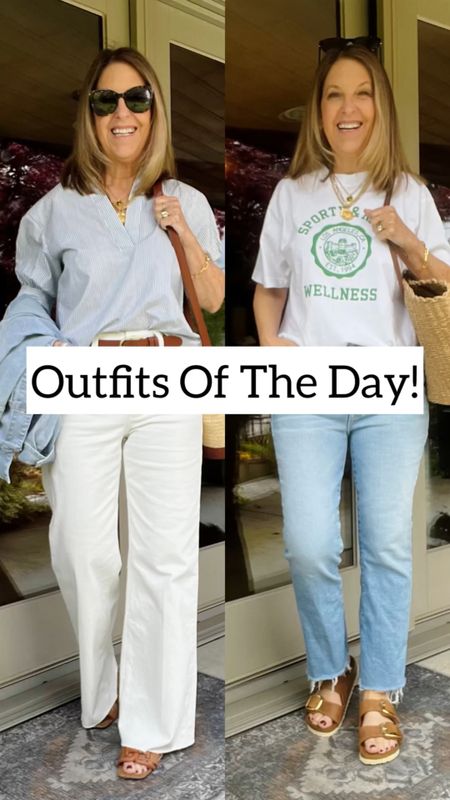 Do you change your outfits during the day? I do! 😂 Here are two outfits I'm wearing today. 
1. Going out with friends.
2. Going to the grocery store, playing with my granddaughter, and hanging out at home! 

Jeans, graphic tees, cotton shirts, belts, birkenstock, slides, straw bags

#LTKVideo #LTKOver40 #LTKFindsUnder100