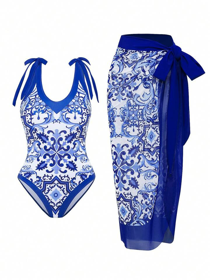 SHEIN Swim Oasis Zomerstrand Plus-maat bedrukt eendelig badpak met cover-up rok | SHEIN