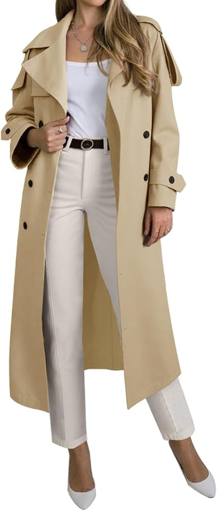 Muchpow Women's Long Trench Coat Double Breasted Lapel Oversized Windproof Overcoat with Belt | Amazon (US)