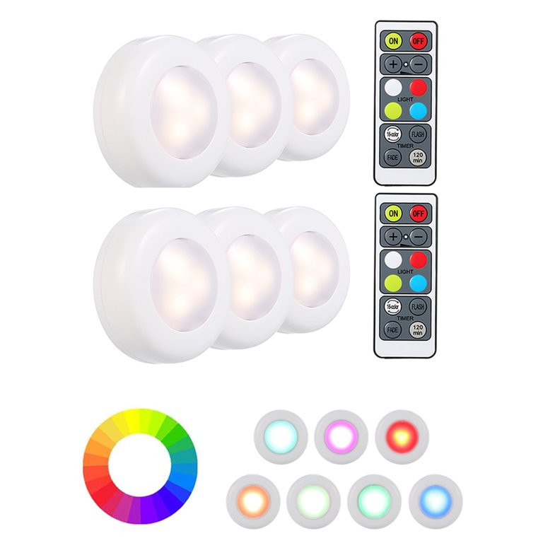 RGB LED Under Cabinet Lamp Puck Light 6 Pack with Remote Control Brightness Adjustable 16 Colors ... | Walmart (US)