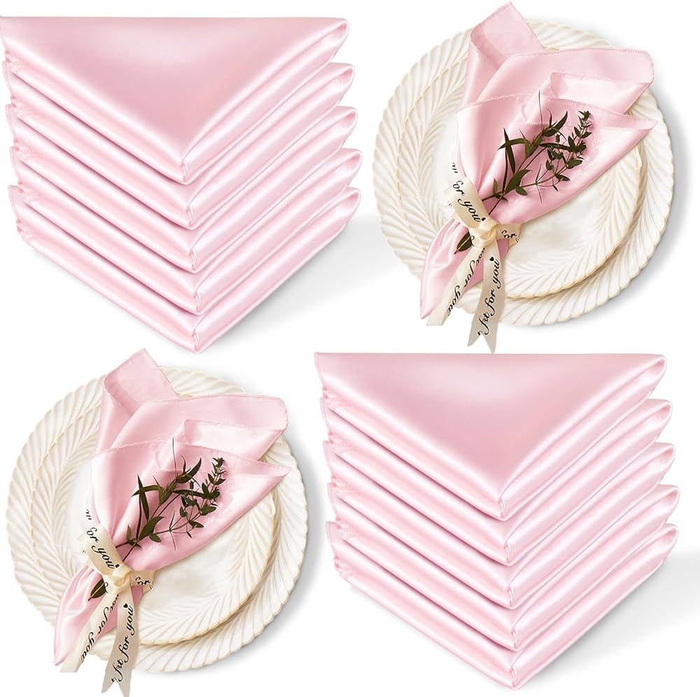 Cobedzy 12 Pack Satin Table Cloth Napkins, 17x17 Inch Blush Pink Silky Wedding Napkins Cloth Wash... | Amazon (US)