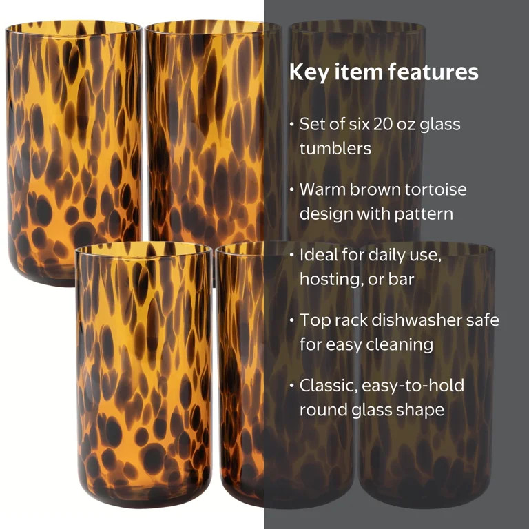 Thyme & Table 20 oz Brown Tortoise Beverage Glasses, Set of 6 | Walmart (US)