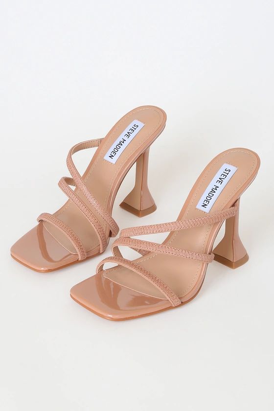 Flared Nude Patent Strappy High Heel Sandals | Lulus (US)