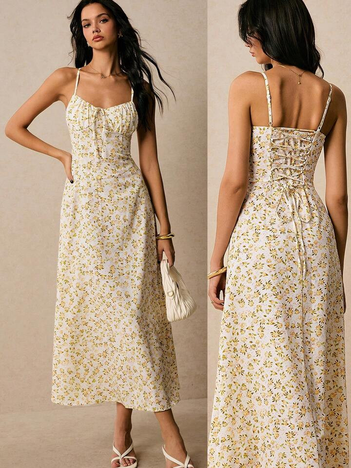 Yellow Floral Summer Dress Spaghetti Strap  | SHEIN
