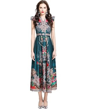 LAI MENG FIVE CATS Women's Floral Print V-Neck Sleeveless Elegant Button up Maxi Dress | Amazon (US)
