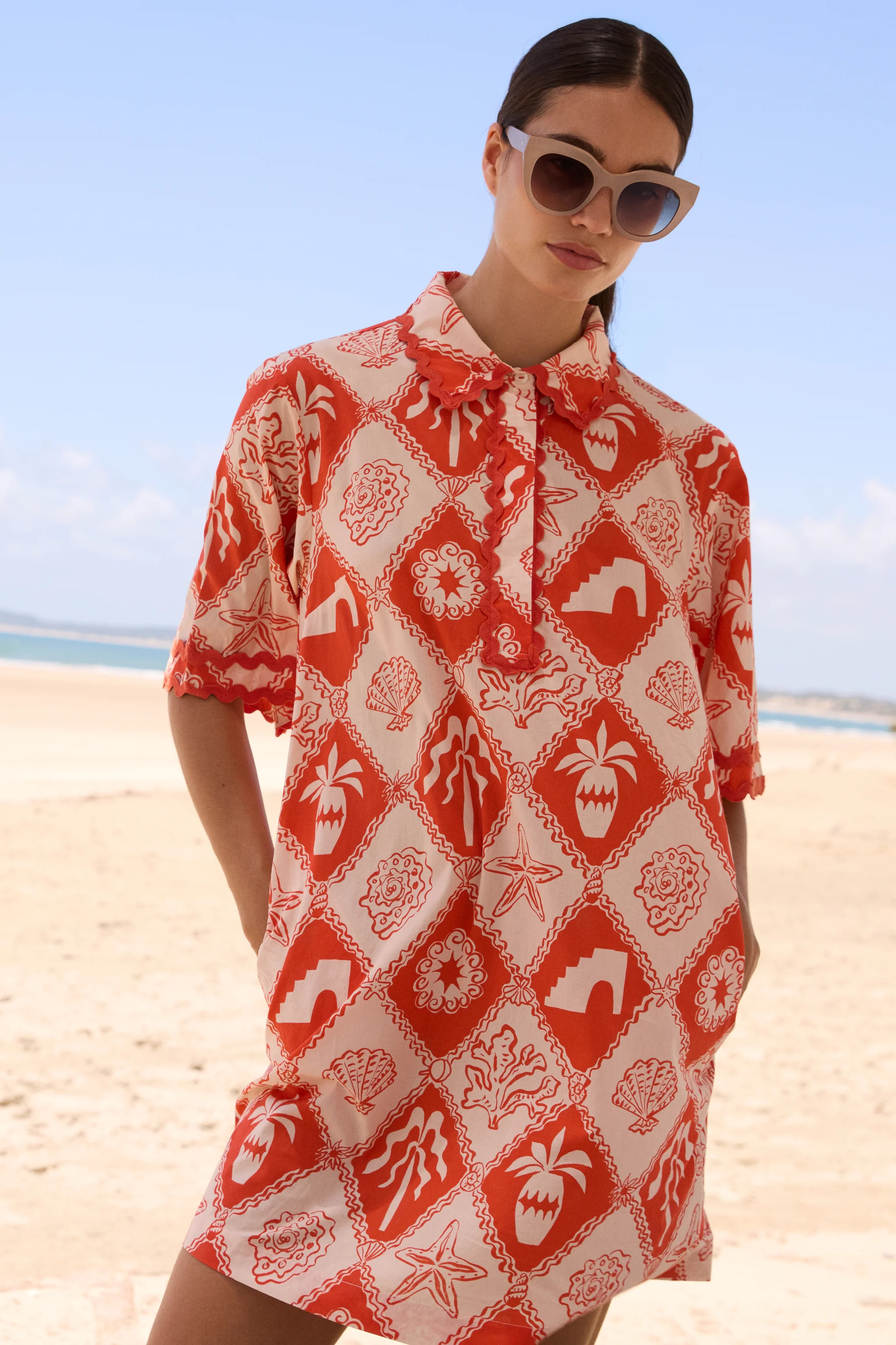 Collared Shirt Dress Mini- Asterias Red | Oliphant Design