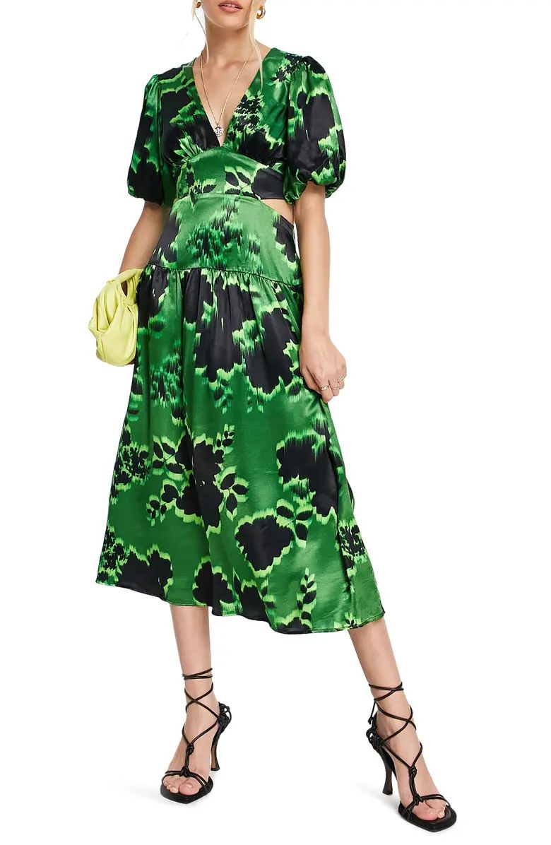 Topshop Graphic Floral Print Cutout Puff Sleeve Satin Midi Dress | Nordstrom | Nordstrom