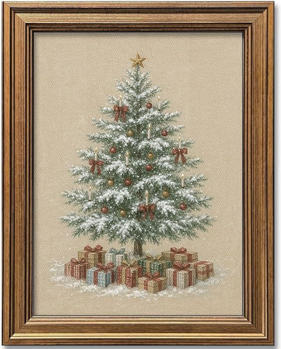 Christmas Tree Wall Art Vintage Gold Framed Wall Decor Rustic Winter Picture Painting for Farmhou... | Amazon (US)