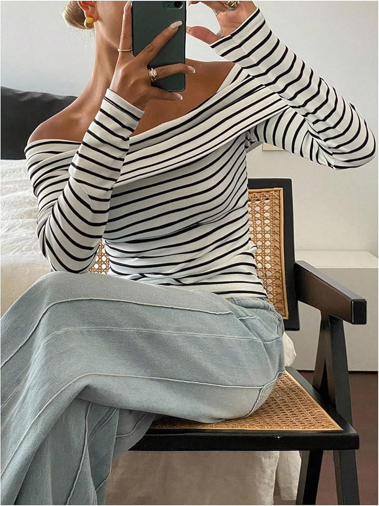 Floerns Women's Striped Off The Shoulder T Shirts Long Sleeve Rib Knit Going Out Tops | Amazon (US)