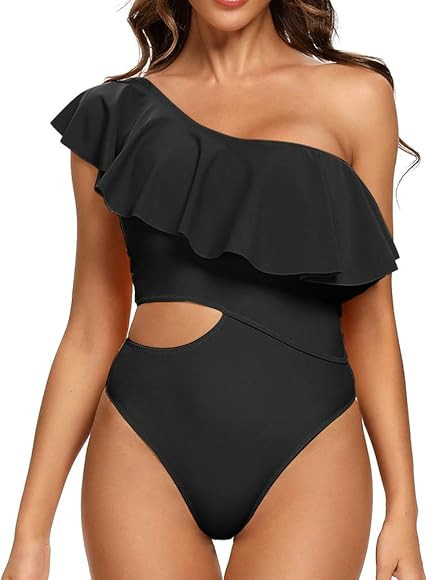 Dixperfect Women's Cutout Ruffled One Shoulder One Piece Swimsuit Bathing Suit Monokini Padded | Amazon (US)