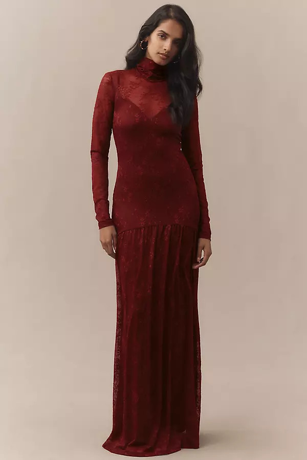 AFRM Amala High-Neck Long-Sleeve Stretch Lace Maxi Dress | Anthropologie (US)