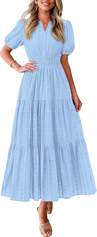 PRETTYGARDEN Womens Summer Maxi Dresses 2026 Casual Puff Sleeve V Neck Smocked Flowy Eyelet Cotto... | Amazon (US)