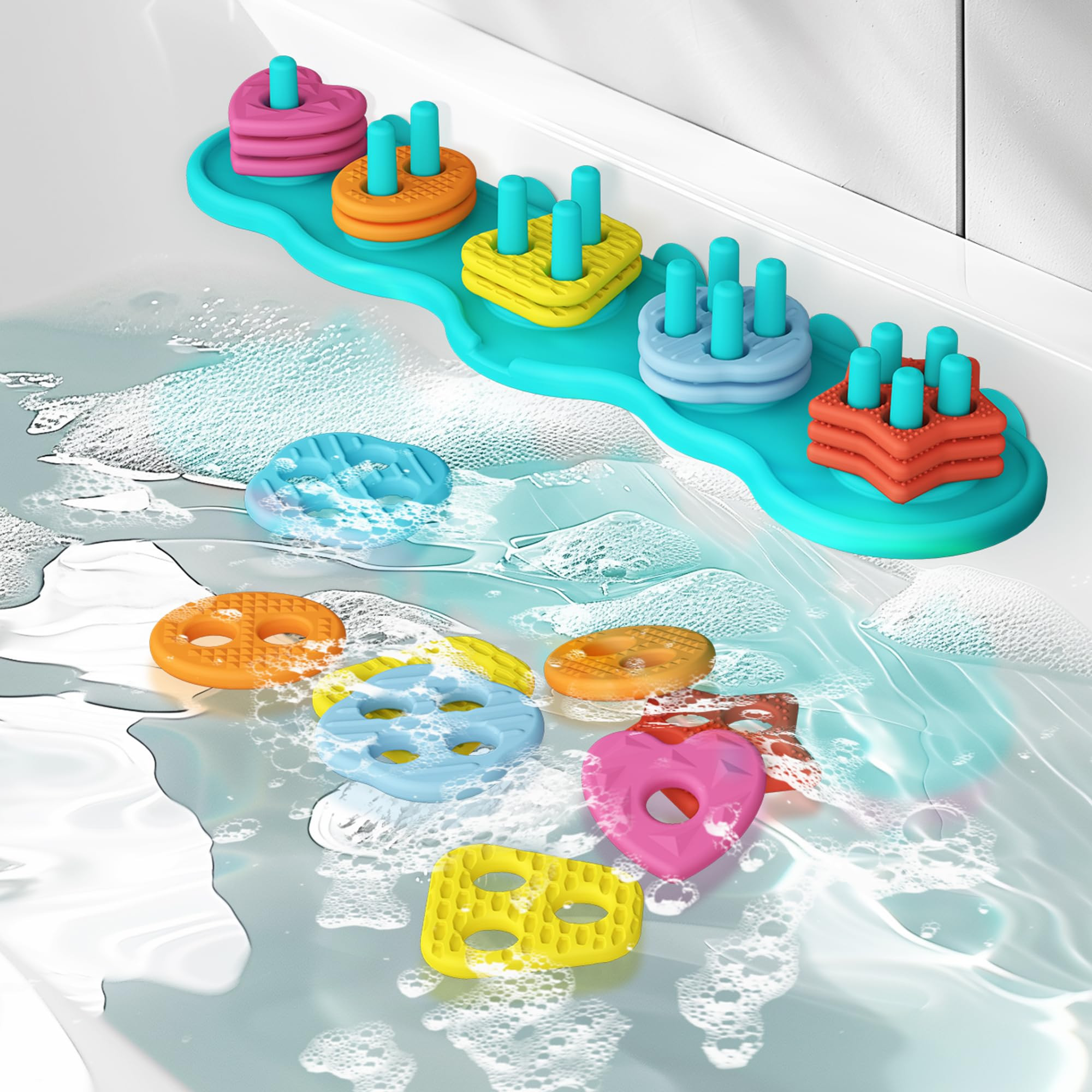 Baby Bath Toys Mold-Free Silicone Bath Toys, Sensory Shape Sorting & Stacking Set Includes 20 Flo... | Amazon (US)