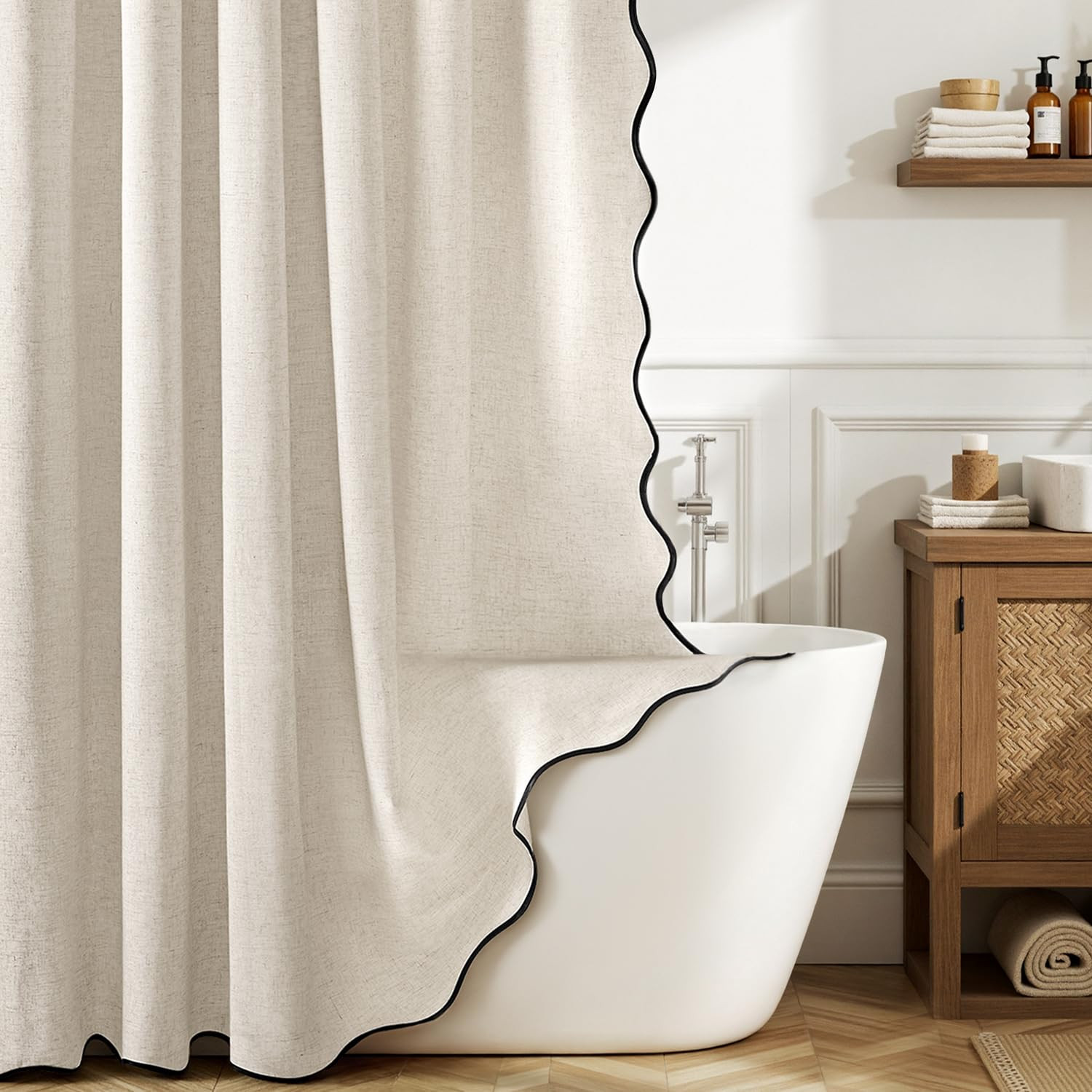 MIULEE 90" Long Scalloped Linen Shower Curtain with 12 Metal Hooks Cute Extra Long Boho Heavy Dut... | Amazon (US)