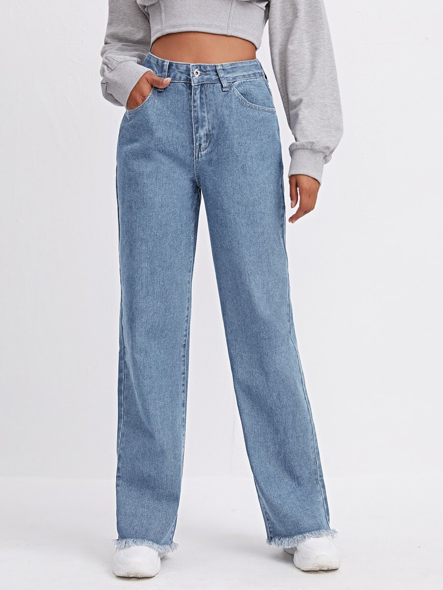 High Waist Raw Hem Straight Leg Jeans | SHEIN