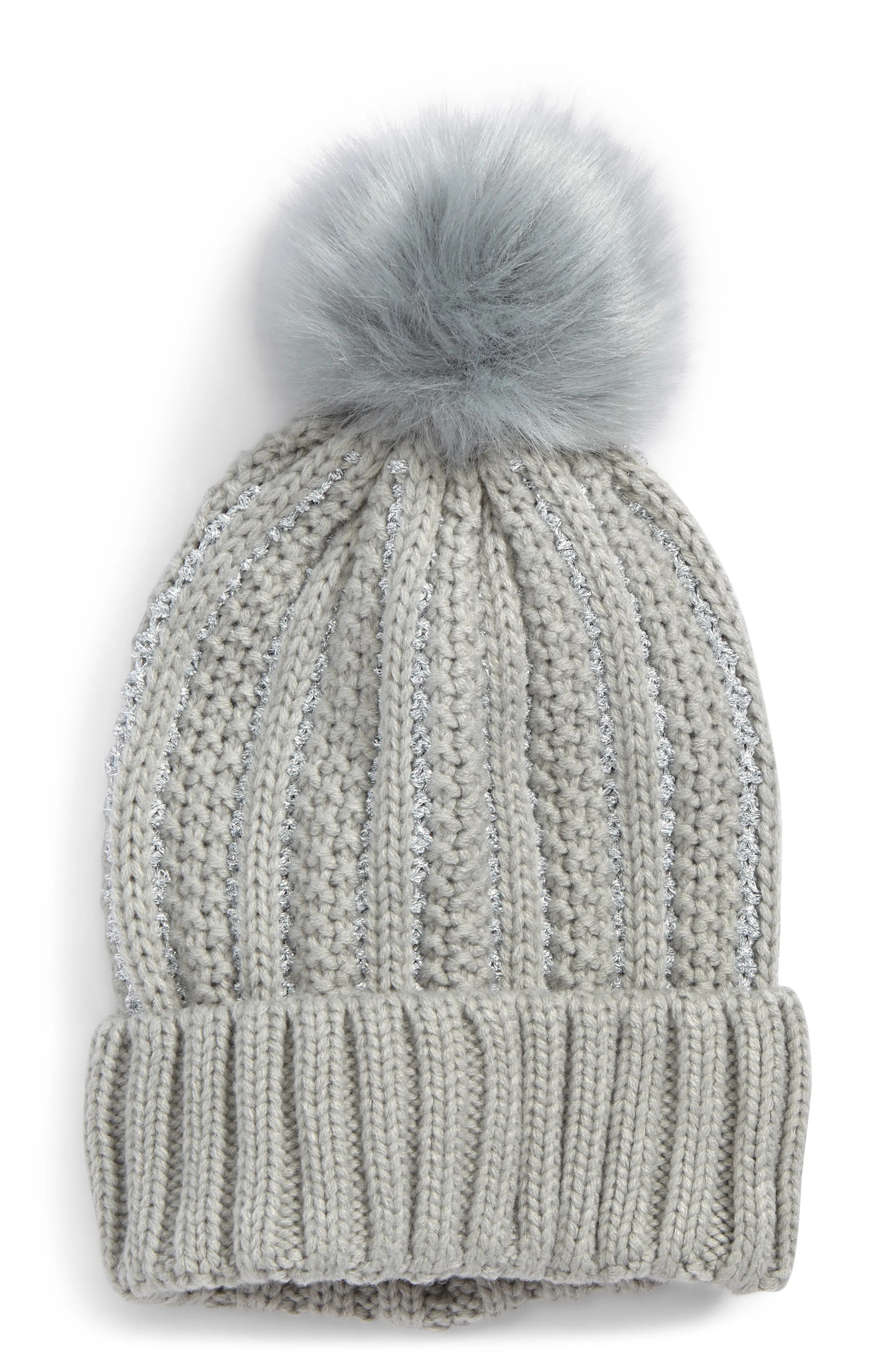 Metallic Knit Beanie with Faux Fur Pompom | Nordstrom