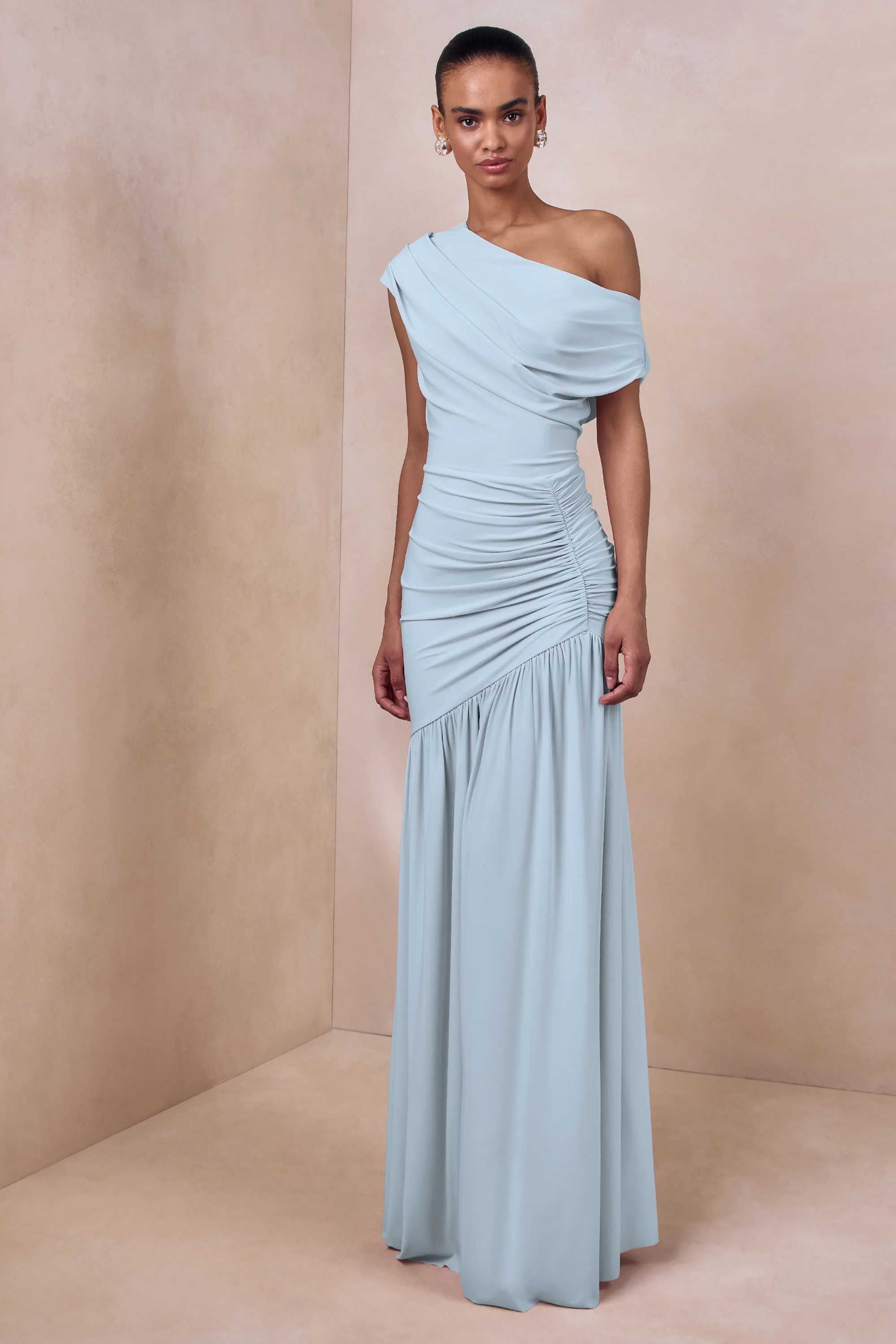 Kady | Powder Blue Asymmetric-Neck Maxi Dress With Ruched Detailing | Club L London