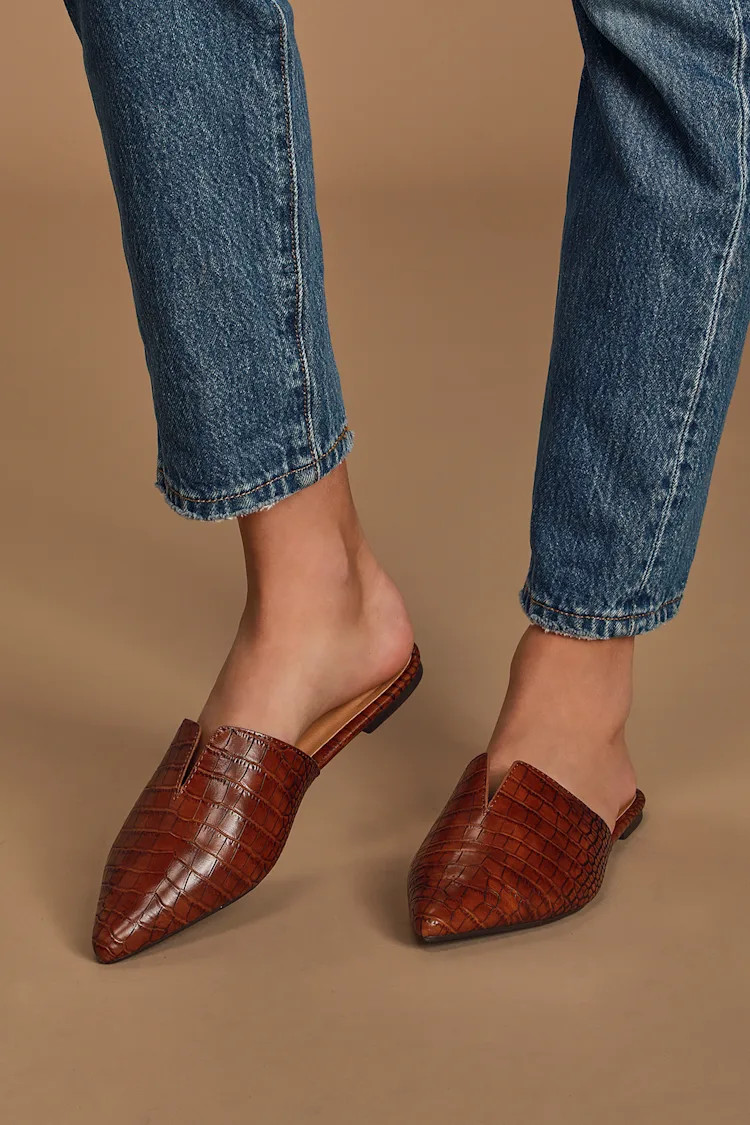 Jaelyn Brown Crocodile Embossed Pointed-Toe Slides | Lulus (US)