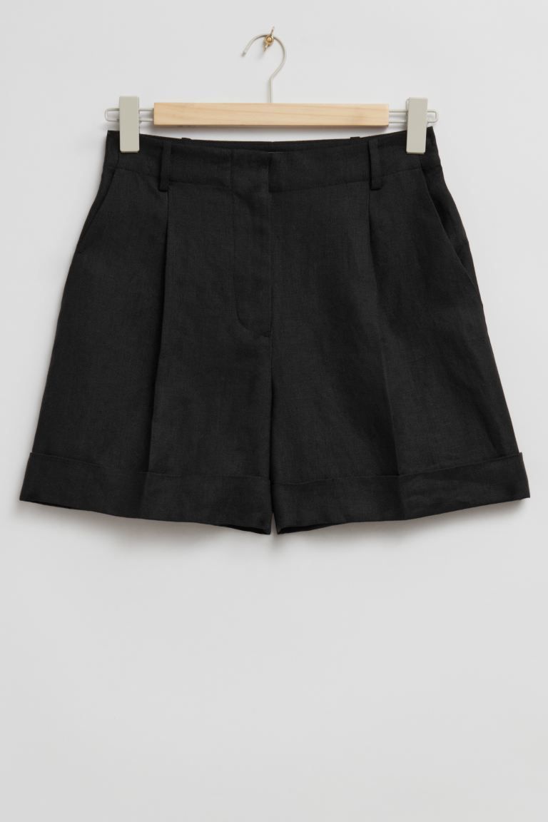 Tailored Wide-Leg Linen Shorts - Black - Ladies | H&M GB | H&M (UK, MY, IN, SG, PH, TW, HK)