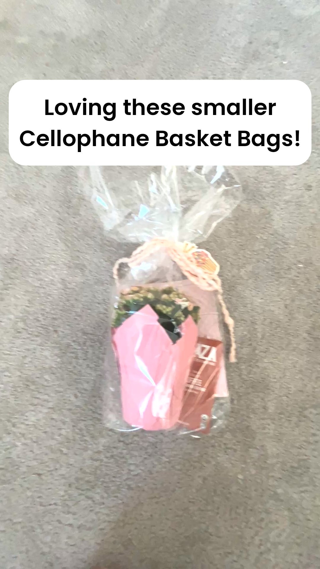 Really loving these smaller cellophane basket bags. A perfect gift bag for a few treasures! Especially when you have cute matching gifts! I use the jumbo ones all the time for big gifts and have started grabbing a set of thr smaller ones! 